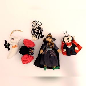Vtg. Halloween Lot Cloth Ornaments Witch Skeleton Ghost Dracula Bat Felt Plush